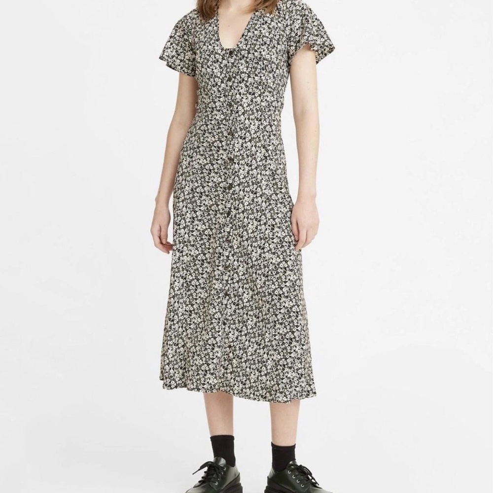Levi’s Floral Button Front Midi Dress Black White Ditsy Daisy Print Size Small